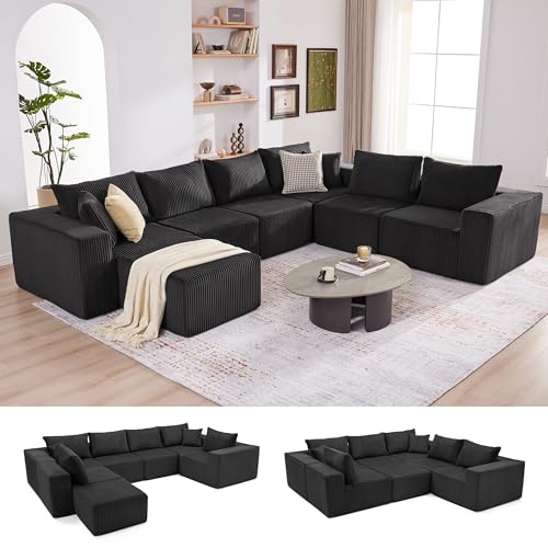 Cloud Couch Sectional, Modular Sofa with Deep Seat, Convertible Sectional Couches for Living Room, Plush Corduroy U Shaped Boneless Couch (Black, 6 Seater & 1 Ottoman)