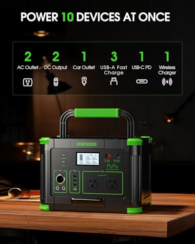 Portable Power Station 1000W (Peak 2000W), 999Wh Solar Generator with 110V Pure Sine Wave AC Outlet, 60W USB-C PD, 10 Ports for Camping RV Van Home Backup Emergency Off-Grid Living