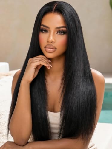 Image of KLAIYI Pre Everything Layers Yaki Straight Glueless 13x4 Lace Front Wigs Human Hair Drawstring Pre Plucked Bleached Knots Ready to Wear and Go Wigs for Women Face Framing Bang Beginner Friendly 28Inch