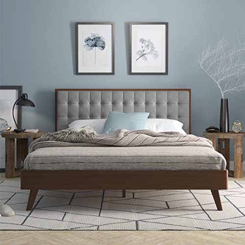 Dg Casa Solomon Mid Century Modern Queen Size Bed Frame – Gray Fabric Upholstered Wooden Platform Bed Frame With Wooden Slats – No Box Spring Needed – Square Blind Tufted Headboard For Queen Bed #TOP6