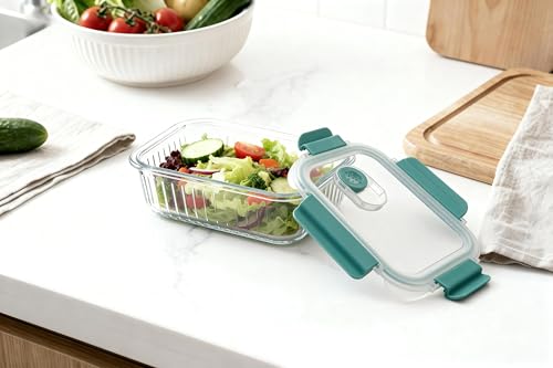 Image of STEGL 370ml Rectangle Glass Food Storage Container with Vented Cool Lock Lid | Airtight Meal Prep Box with Smart Slip-Vent | Microwave & Fridge Safe Kitchen Container with Embossed Design