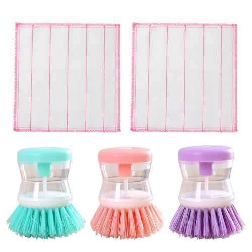 EHDWXVZM Pack De 3 Cepillos para Lavavajillas, 2 Trapos, Cepillos De Limpieza De Cocina, Limpiador Multifuncional, Cepillo para Lavavajillas con Dosificador De Líquido Lavavajillas