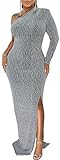 Silver Formal Dress for Women Elegant Sparkly One Shoulder High Split Cocktail Party Prom Gowns and Evening Long Dresses,868 Silver_Small