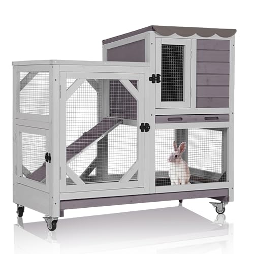 MEDEHOO 2-Story Rabbit Hutch Indoor Bunny Cage Outdoor Guinea Pig House with Chew-Proof Ramp, Leak-Proof Tray, Lockable Wheels for Rabbits, Guinea Pigs, Small Animals (Grey)