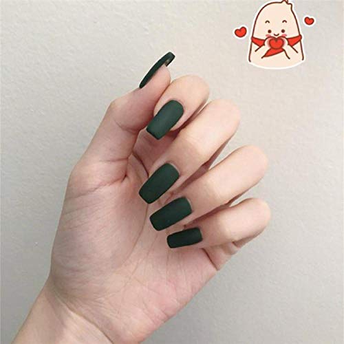 24 Stück/Set Mittellanger quadratischer Kopf Matte Fake Nagelspitzen Vollständige Abdeckung Acryl Tiefgrüne Nägel Frauen… – Bild 2