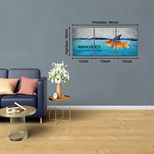 Kawahone 3 Panels Modern Framed Inspirational Quote Canvas Wall Art-Mindset Is Everything Goldfish Strong Shark Motivational Posters Framed, Bathroom Bedroom Office Decor Framed Ready To Hang(12" X 16" X 3 Pcs) #TOP1