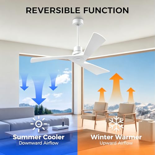 Image of Obabala Ceiling Fan 52 Inch with Remote, Solid Wood Blades DC Motor 5000 CFM Quiet 35dB, Reversible 6 Speed Modern Farmhouse for Bedroom Living Room Indoor Outdoor, No Light with Downrod