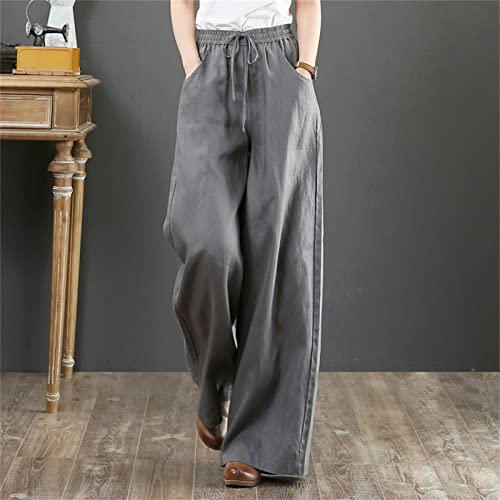 Summer Pants for Women High Waist Solid Color Ankle Length Trousers Straight Wide Leg Cotton Breathable with (Grey, XL)2