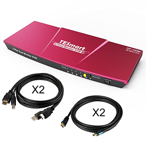 TESmart DisplayPort + HDMI Dual Monitor KVM Switch Support UHD 4K@60Hz USB 2.0 Devices Control up to 2 Computers with (DP+HDMI+USB) Input Ports and 2 Montiors with HDMI Ports (Red)