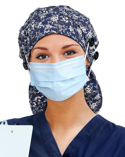 Image of Satin Lined Scrub Cap for Women Extra Large Long Hair Surgical Nurse Cap 4 Buttons