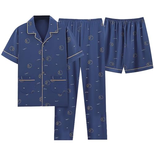 Ropa de descanso estampada para hombre, conjunto de pijama de tres piezas para hombre, ropa de dormir de ajuste holgado con botones, conjunto de pijama casual de manga corta y pantalones, pijama