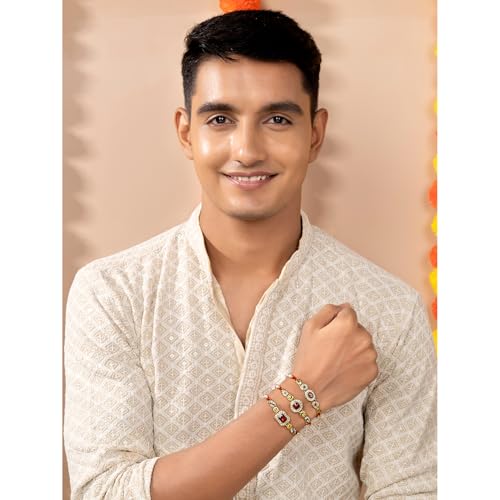 Image of Peora Rakhshabandhan Thread Rakhi for Brother Bhaiya | Crystals & Kundan Studded | Combo, Set of 3 | Rakhi Hamper with Roli Chawal & Greeting Card
