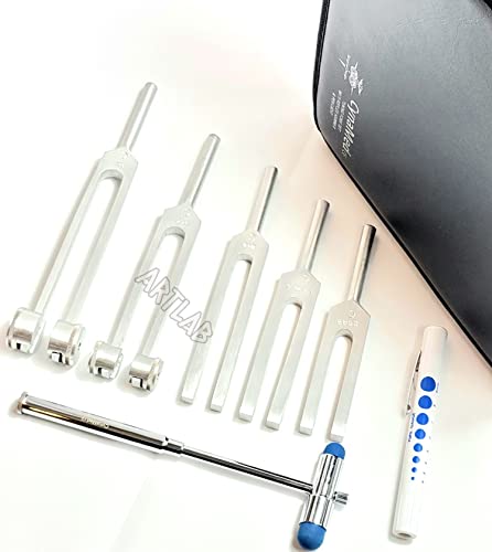Premium -Tuning Fork Set-Percussion Taylor Hammer + C128,C256,C512,C2048,C1024 Tuning Forks + Reflex Buck Hammer + Pupil Gauge Pen Light with Nice Carrying Case (Set of 7 W/Buck Hammer Zipper CASE)