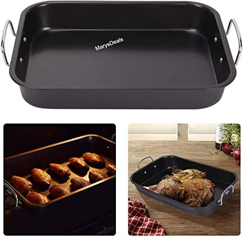 MarysDe@lz LARGE DEEP NON STICK TURKEY/MEAT ROASTING TIN Baking Cooking Pan/Oven Tray/Large Roasting Tin with PFOA Free Non Stick in, Heavy Duty Carbon Steel, 40 x 28 x 7.5 cm, Black
