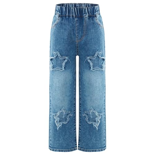 Kids Girls High Waist Washed Blue Printed Straight Jeans Wide-Leg Denim Pants Baggy Trousers