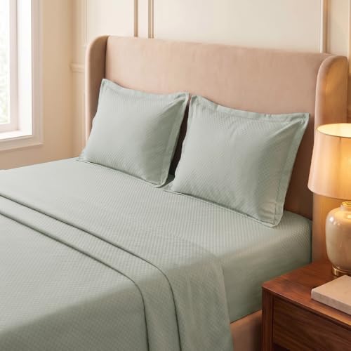 Image of LANE LINEN 400TC 100% Cotton Micro Check King Size Bedsheet - Mineral | OEKO-Tex Certified, 108 x 108 Inch, Fits King & Double Size Bed, Breathable & Wrinkle-Free, Includes 2 Pillow Covers