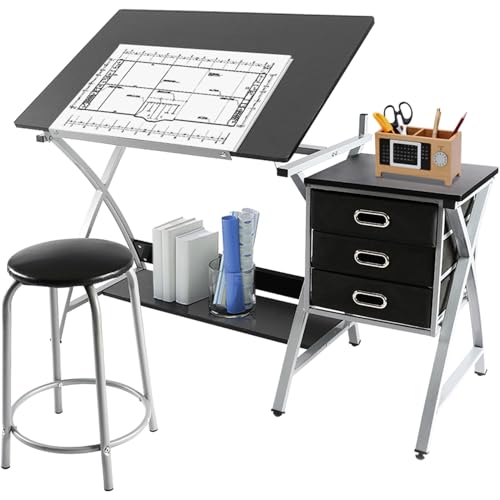 Yaheetech Adjustable Height Drawing Table, Artist Drafting Table with Tiltable Tabletop, Art Craft Desk for Artwork, Graphic Design, Reading