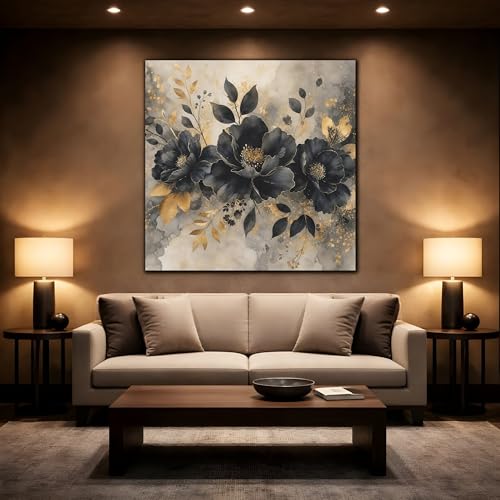Impression sur toile fleurs sombres or et noir avec chassis epais de 3cm