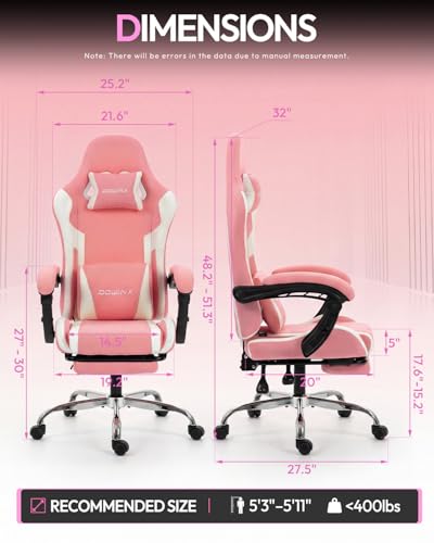 Image of Dowinx Ergonomic Gaming Chair with Footrest & Massage Lumbar, 2D-Linkage Armrests for Computer Chair 330lbs with Headrest Pillow for Office, Home, Streaming and Long Gaming Sessions, Fabric Pink White