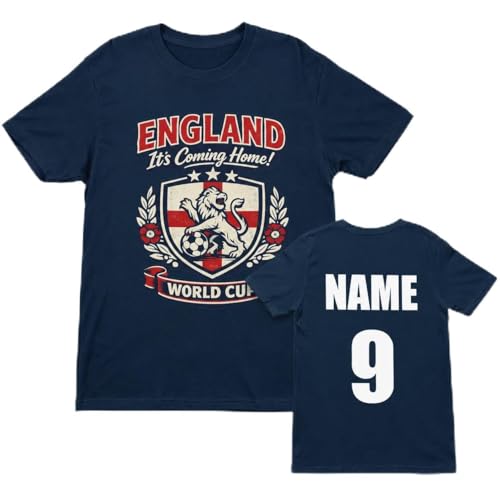 Image of Galaxy Tees Personalised England World Cup T-Shirt, Custom Name & Number Back Print, Adult Unisex Football Fan Shirt, White Black Navy Military Green (UK, Alpha, XXL, Regular, Regular, Navy Blue)