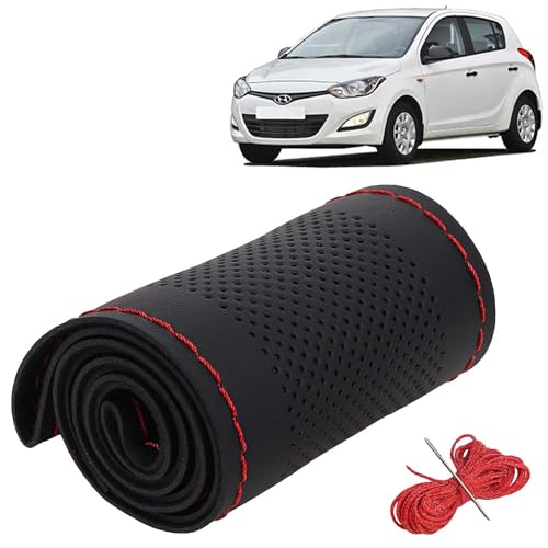 Image of KINGSWAY PU Leatherite Car Steering Cover Sewable Compatible with Hyundai I20 (Year 2011-2014), Black Color with Red Thread, Pack of 1 with Sewing Needle and Thread