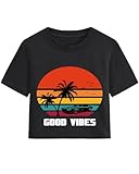DDSOL Summer Crop Top for Girl Country Vacation Good Vibes Clothes Sunset Palm Tree Short Sleeve Shirts Casual Slim Fit Junior Girl Summer Outfits Black 14 Years