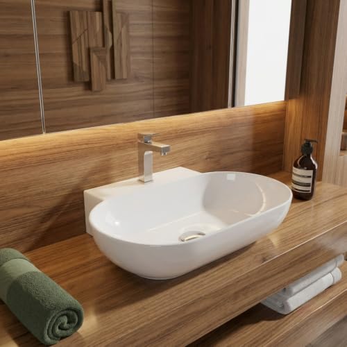 Image of Wall Mounted Wash Basin for Bathroom | Wall Hung Large Wash Basin /Ceramic Wash Basin /Vessel Sink (22.4 x 16 x 5.1 Inch, Orbit-7010)