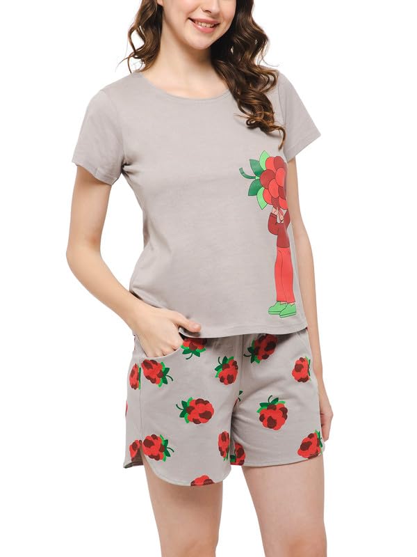 Image of Clovia Women's Cotton Tutti Fruity Top & Shorts Set in Grey