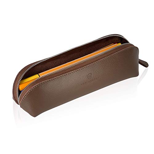 VON HEESEN® Echtleder Federmäppchen Leder Federmappe Etui für Stifte Mäppchen Schule Federtasche Uni Schlampermäppchen (Hellbraun) Cover