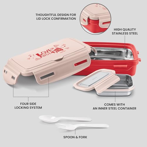 Image of MILTON Aroma Tiffin Big I Inner Steel, PU Insulated 500 ml I Leak Proof with Side Lock I Tiffin Box for School I Red