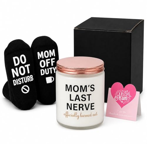 Funny Mom Gifts Moms Last Nerve Candle and Mom Off Duty Socks Set