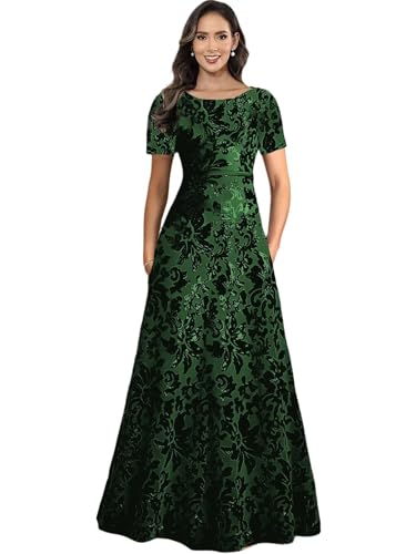 Quoriae Sequin Formal Evening Gown for Women Maxi Dress Short Sleeve A Line Mother of The Bride Dress