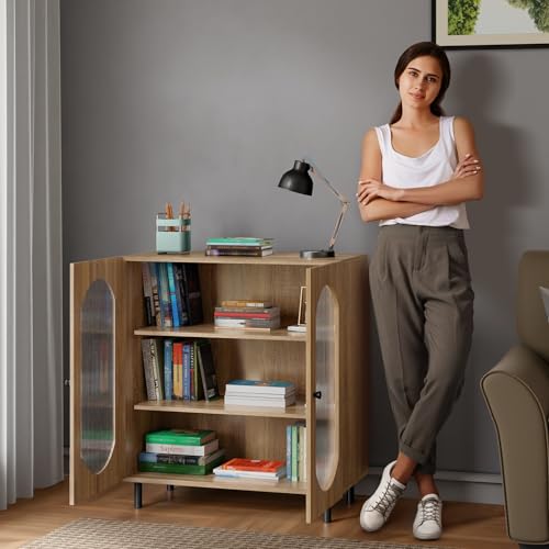 Image of Rocco Stellar Bookshelf with Auto LED Lights & Acrylic Fluted Doors | Engineered Wood Bookcase | Adjustable Shelves, Scratch-Resistant | Living Room, Library & Office (Oak, Medium Size)