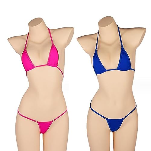 [LIKENNY] マイクロビキニ 2点セット セクシー コスプレ 極小 極薄 水着風 露出 水着 紐パン ホルタ―ネック 勝負 (ブルー+ローズレッド) - 画像1