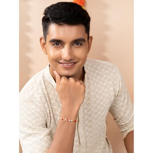 Image of Peora Om Shree Ram Swastik Rakhi for Brother Bhaiya | Crystal & Beads Studded | Red Thread | Raksha Bandhan Hamper with Roli Chawal Greeting Card