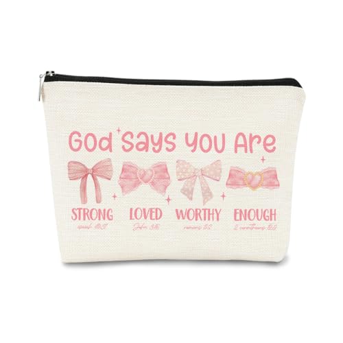 BARPERY God Says You are Preppy Stuff Pink Coquette Bow Makeup Bag, Coquette Accessories,Christian Gifts for Women, Cute Bag, Trendy Makeup Bag, Preppy Christmas Stuff,Cute Makeup Pouch
