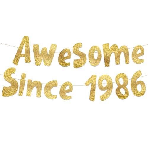Pre-Strung Awesome Since 1986 Gold Glitter Banner - Funny 40th Birthday and Anniversary Decorations for Men and Women - Party Supplies Bunting Gifts and Wall Decorations