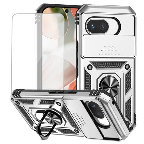 Coque Pixel 9A robuste argentée avec vitre intégrale et béquille anneau