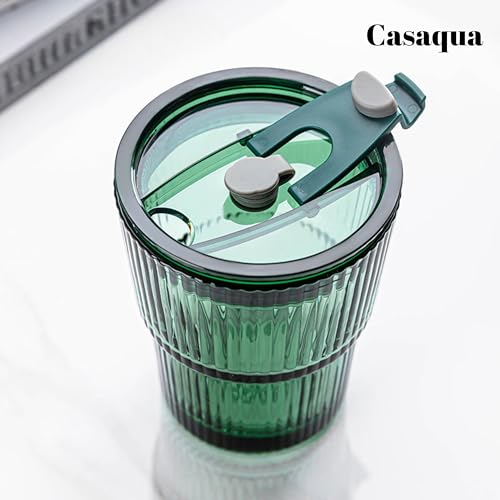 Image of Premium Ribbed Drinking Glass Tumbler with Lid & Straw - 400ml, Set of 1, Reusable Green Minimalist Mug for Iced Coffee, Juice, Smoothies & Cold Beverages, Leak-Resistant Travel Cup