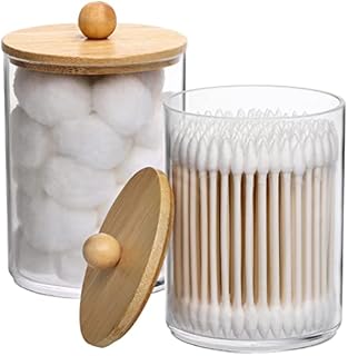 Tbestmax 2 Pack Plastic Cotton Swab Holder, 10oz Bathroom Jars Canisters for Cotton Ball Qtip Storage Dispenzer, Bamboo Lid