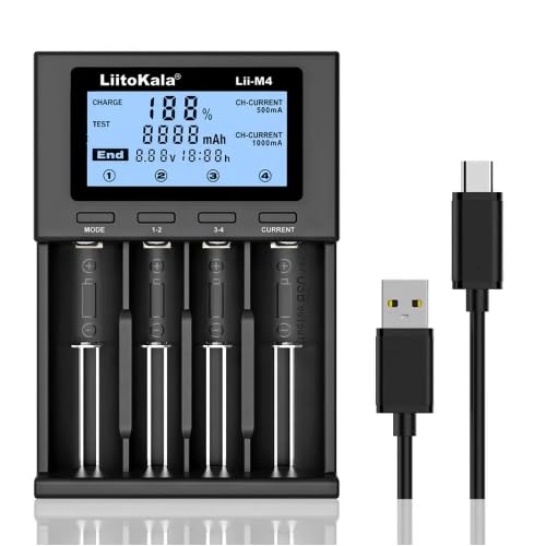 METAPOD Liito.Kala LII-M4 Smart Battery Charger, Universal LCD Display, Compatible with Li-ion 18650 26650 21700 18350 14500 AA AAA NiMH NiCd Batteries