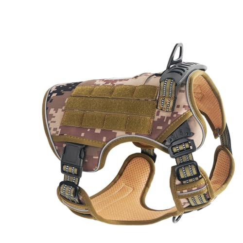 SANHSEHOME Tactical Dog Harness with AirTag Pocket Military Dog Harness with Metal Buckle & Leash Rings Adjustable Reflective Heavy Duty Dog Harness with Rubber Handle for Large Dog Desert Camo M