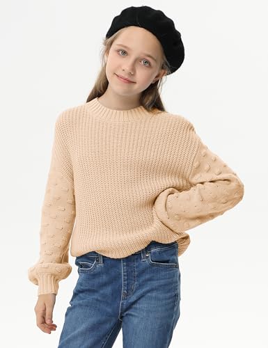 Image of Girls Crewneck Knit Pullover Sweaters Long Lantern Sleeve Oversized Knit Cute Jumper Tops