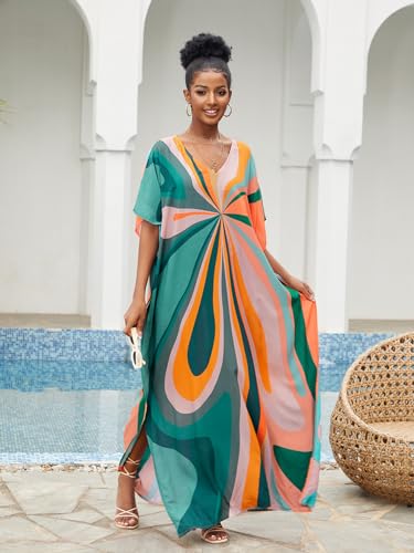 Image of sunforyou Kaftan Dresses for Women Plus Size Lightweight Swimsuit Cover up Batwing Sleeve Print Loungewear Beach Robe