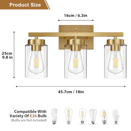 Image of IZORRO Bathroom Light Fixtures, Modern Vanity Lights, Bathroom Lighting Fixtures Over Mirror with Clear Glass Shade, Wall Sconce for Living Room Cabinet Bedroom (Brushed Gold, 3-Light)