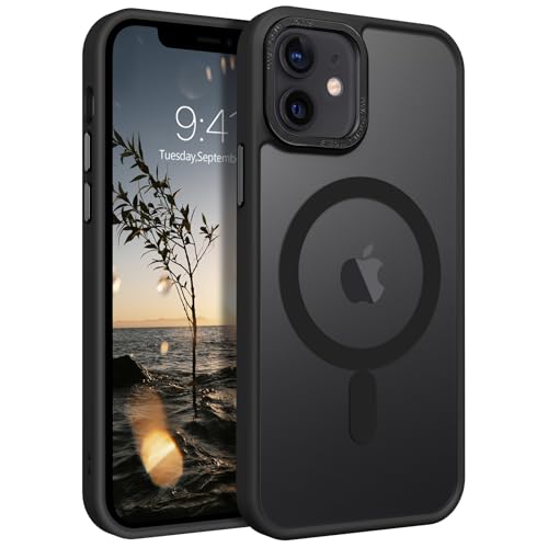 DUEDUE Cover Magnetica per iPhone 12 Mini 5.4'[Compatibile con MagSafe], Custodia Opaca per iPhone 12 Mini Case con Pulsante metallico Ultra-Sottile TPU Silicone Anti-Scivolo, Nero