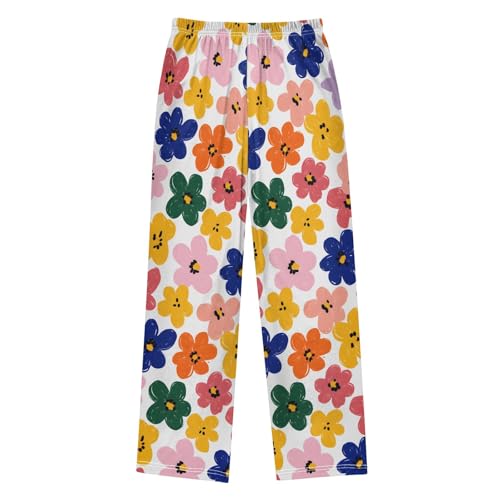 Simple Flowers Colorful Pattern Cute Pajama Pants, Soft Sleepwear Lounge Pants Pajama Pj Bottoms for 6-14 Years2