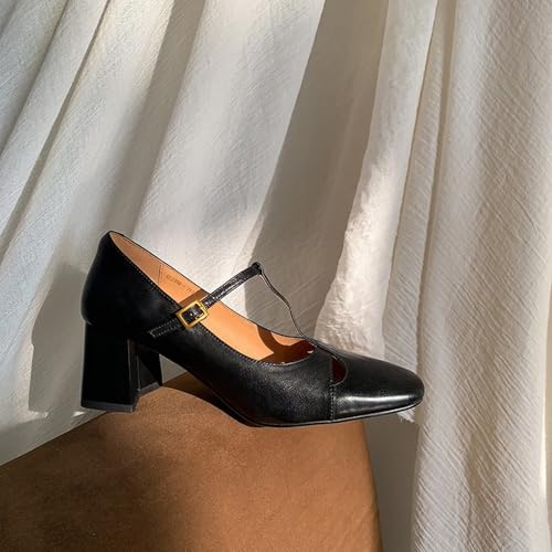 XIEDA Women's Genuine Leather Mary Janes Vintage T Strap Chunky Heel Comfortable Pumps Dress Shoes2