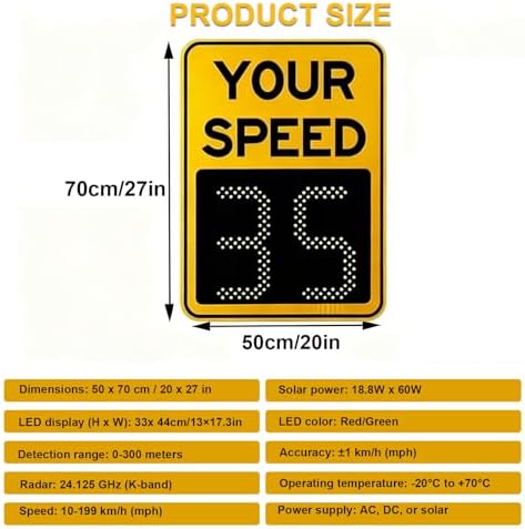 Solar-Powered Radar Speed Sign - 20x27in Traffic Display for Highways & Speed-Limited Roads, Solar Feedback Warning Board with Accessories, Boost Road Safety & Awareness