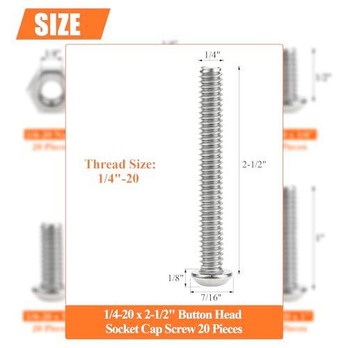Image of 20 Pieces 1 /4-20 x 2-1 /2 inch Button Head Socket Cap Screws Bolts, HELIFOUNER 304 Stainless Steel (18-8) Screws, Bright Finish, Fully Threaded